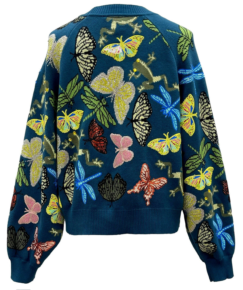 DARK TEAL SCATTERED BUTTERFLY CARDIGAN