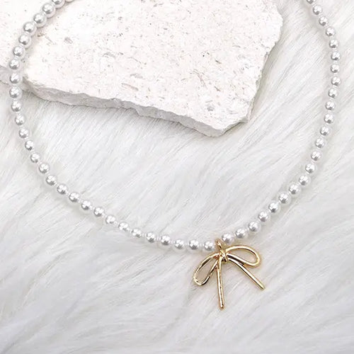 PEARL CHAIN BOW CHARM NECKLACE