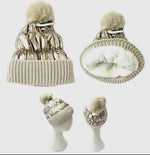 FLEECE LINING PUFFER KNIT POM POM BEANIE GOLD