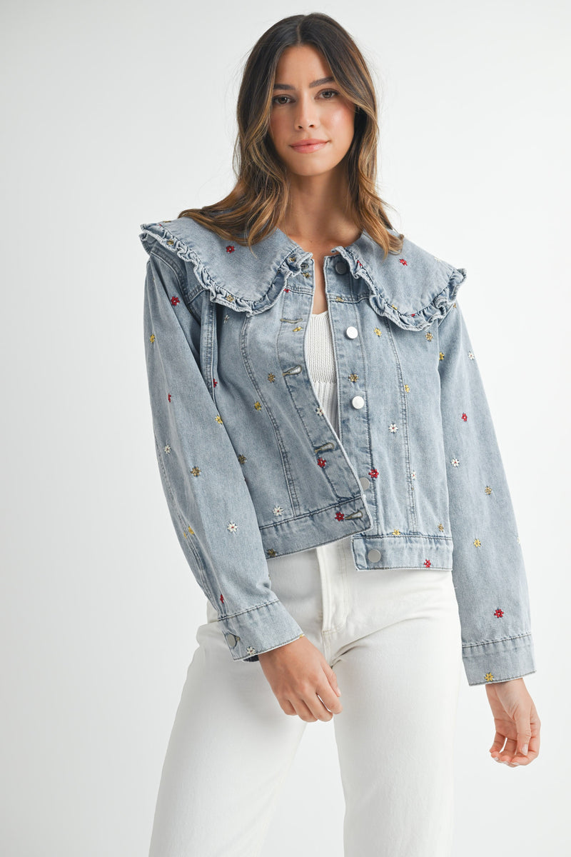 EMBROIDERED PETER PAN COLLAR DENIM JACKET